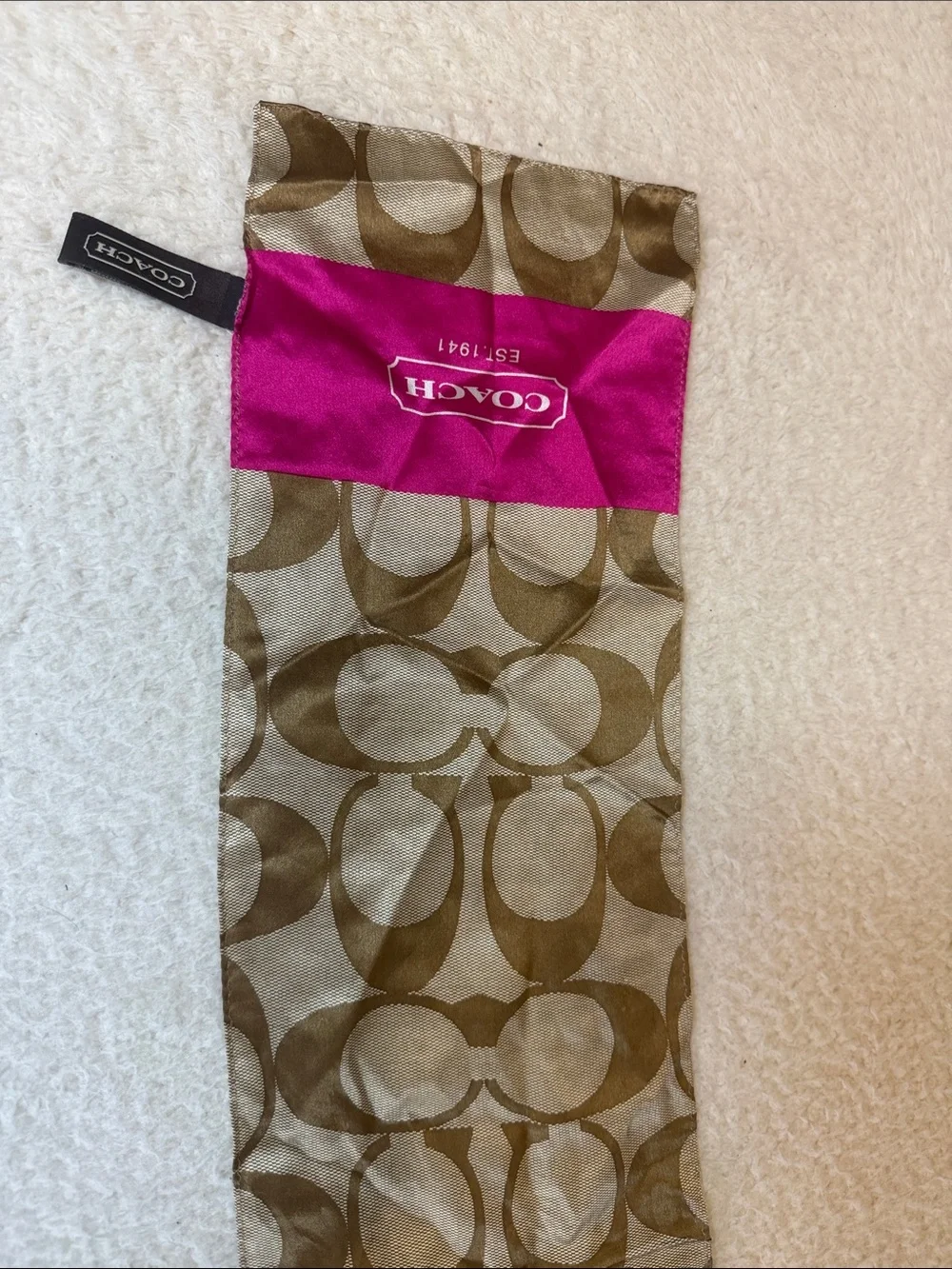 Coach Khaki and Hot Pink Signature Silk Scarf. 576